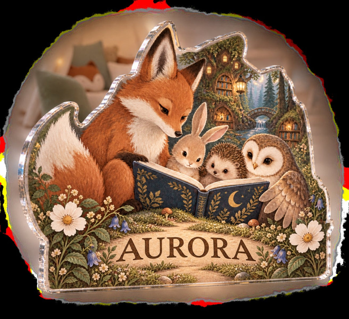 Personalized Original Storybook Animals Playroom Story Corner custom shape acrylic plaque with an example name set into the artwork, digital preview