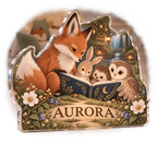 Artwork visualization: Original storybook animals — playroom story corner, personalized AURORA, subject-shaped acrylic with printed optical 3D depth; not carved relief.