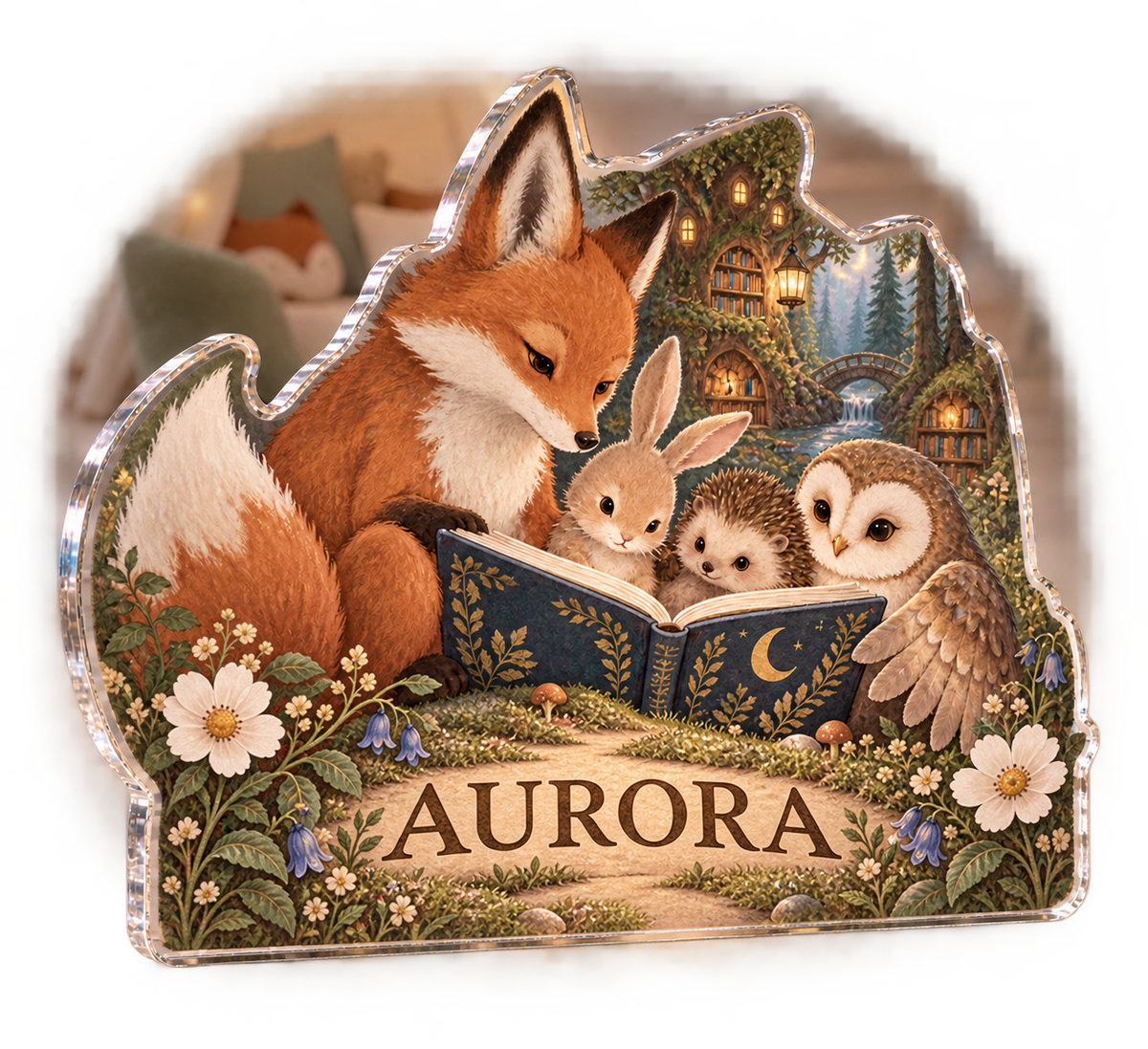 Artwork visualization: Original storybook animals — playroom story corner, personalized AURORA, subject-shaped acrylic with printed optical 3D depth; not carved relief.
