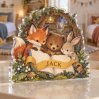 Artwork visualization: Original storybook animals — sibling shared room, personalized JACK, subject-shaped acrylic with printed optical 3D depth; not carved relief.