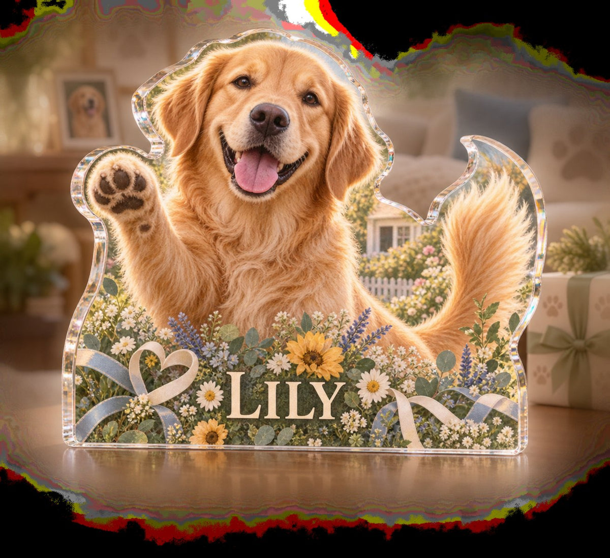 Personalized Golden Retriever Adoption Anniversary Gift custom shape acrylic plaque with an example name set into the artwork, digital preview