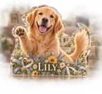 Artwork visualization: Golden retriever — adoption anniversary gift, personalized LILY, subject-shaped acrylic with printed optical 3D depth; not carved relief.