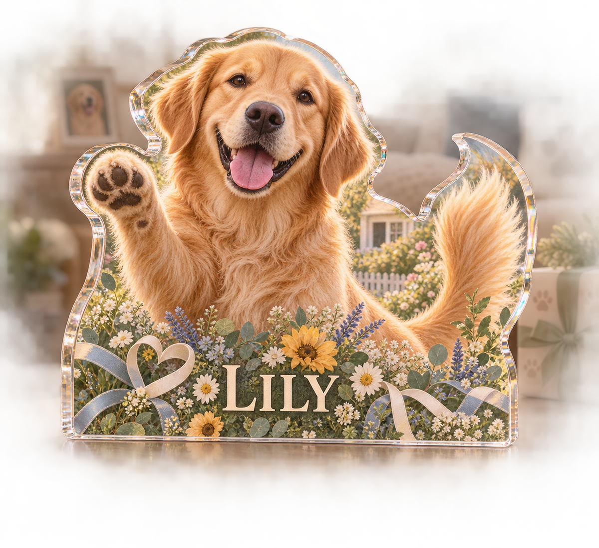Artwork visualization: Golden retriever — adoption anniversary gift, personalized LILY, subject-shaped acrylic with printed optical 3D depth; not carved relief.