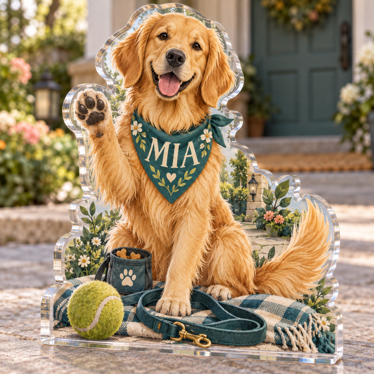 Artwork visualization: Golden retriever — pet sitter appreciation, personalized MIA, subject-shaped acrylic with printed optical 3D depth; not carved relief.
