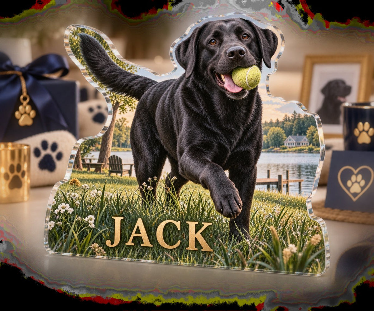 Personalized Labrador Retriever Adoption Anniversary Gift custom shape acrylic plaque with an example name set into the artwork, digital preview