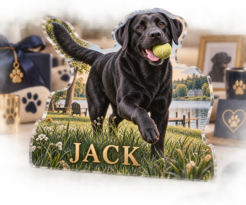 Artwork visualization: Labrador retriever — adoption anniversary gift, personalized JACK, subject-shaped acrylic with printed optical 3D depth; not carved relief.