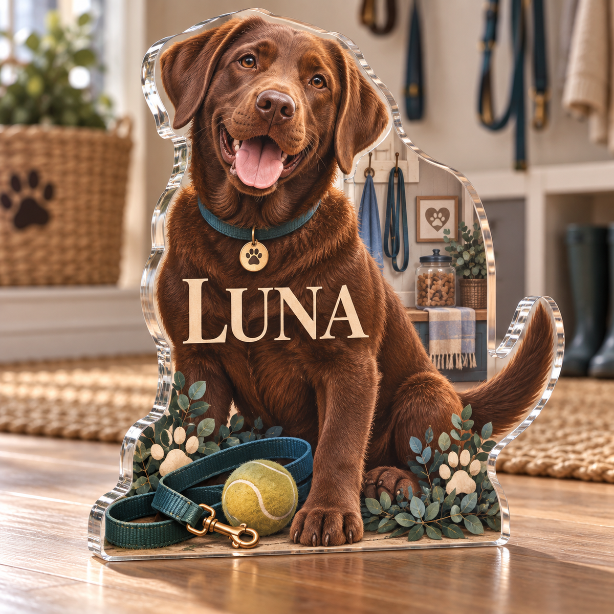 Artwork visualization: Labrador retriever — pet sitter appreciation, personalized LUNA, subject-shaped acrylic with printed optical 3D depth; not carved relief.