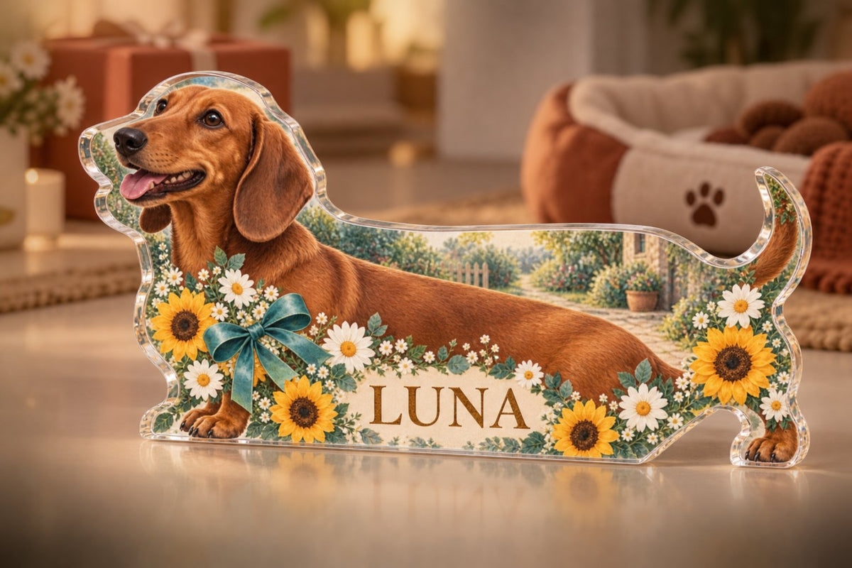 Personalized Dachshund Adoption Anniversary Gift custom shape acrylic plaque with an example name set into the artwork, digital preview