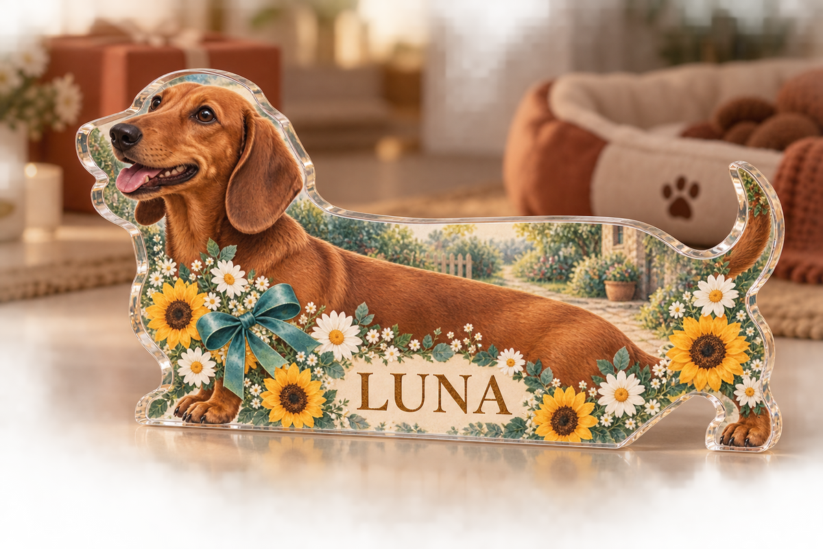 Artwork visualization: Dachshund — adoption anniversary gift, personalized LUNA, subject-shaped acrylic with printed optical 3D depth; not carved relief.