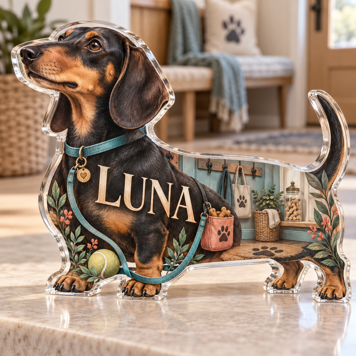 Artwork visualization: Dachshund — pet sitter appreciation, personalized LUNA, subject-shaped acrylic with printed optical 3D depth; not carved relief.