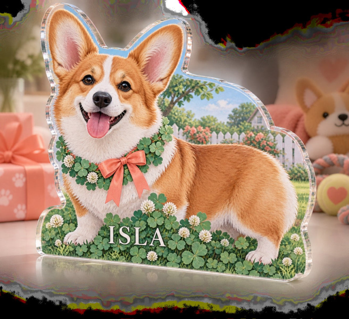 Personalized Corgi Adoption Anniversary Gift custom shape acrylic plaque with an example name set into the artwork, digital preview