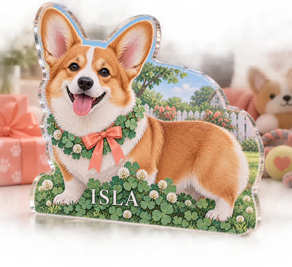Artwork visualization: Corgi — adoption anniversary gift, personalized ISLA, subject-shaped acrylic with printed optical 3D depth; not carved relief.