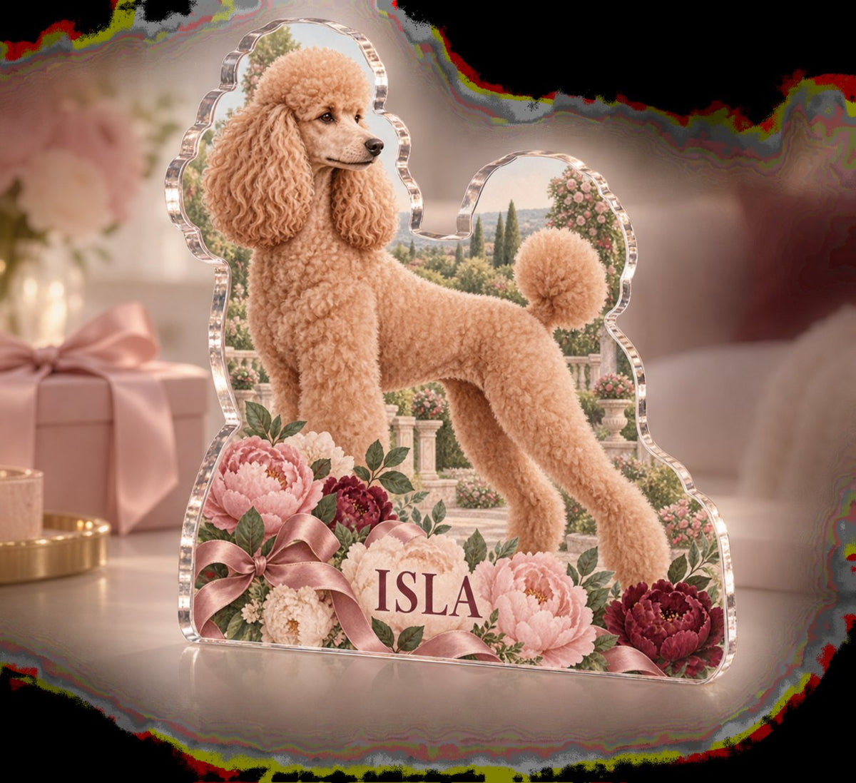 Personalized Poodle Adoption Anniversary Gift custom shape acrylic plaque with an example name set into the artwork, digital preview
