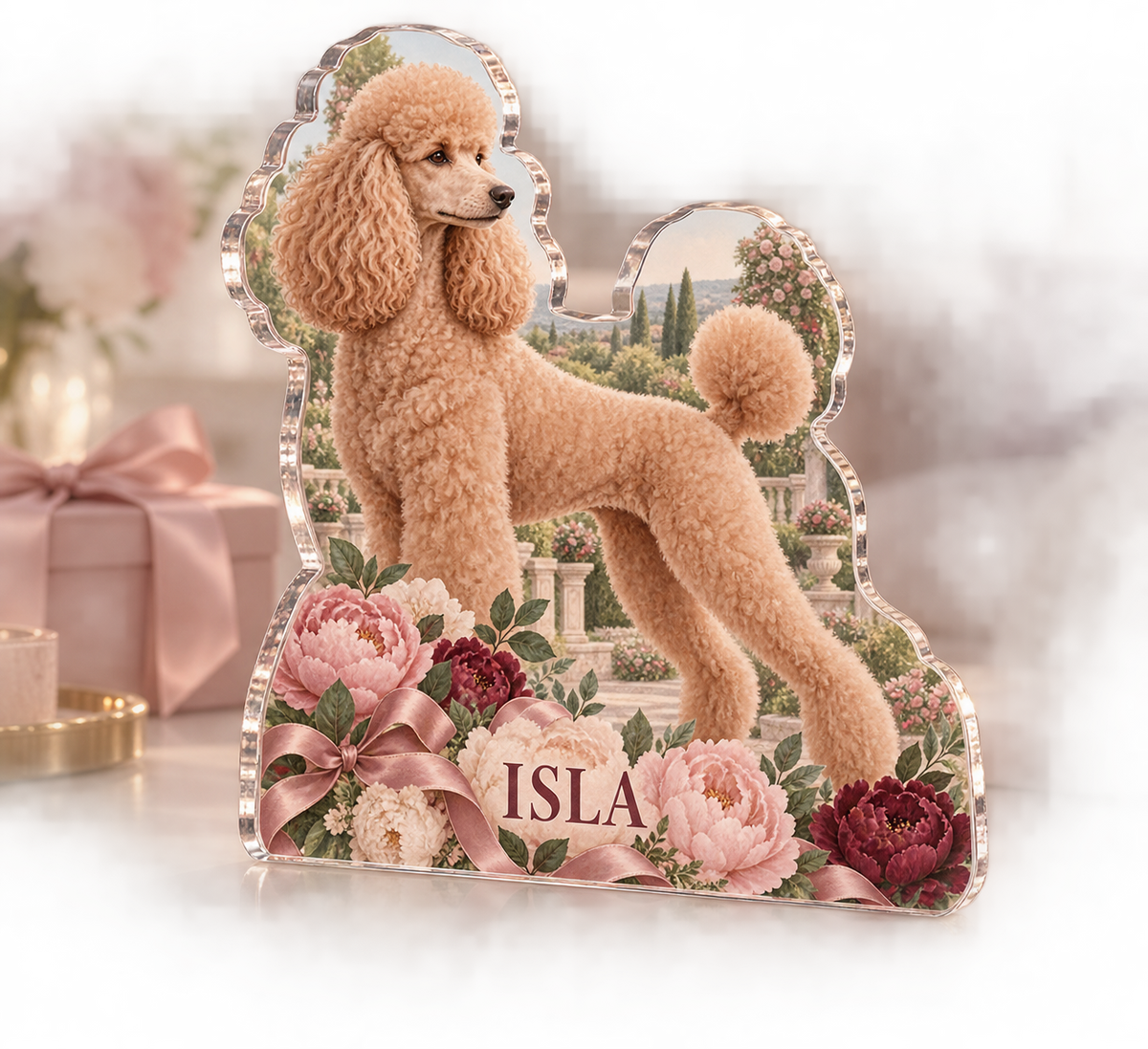 Artwork visualization: Poodle — adoption anniversary gift, personalized ISLA, subject-shaped acrylic with printed optical 3D depth; not carved relief.