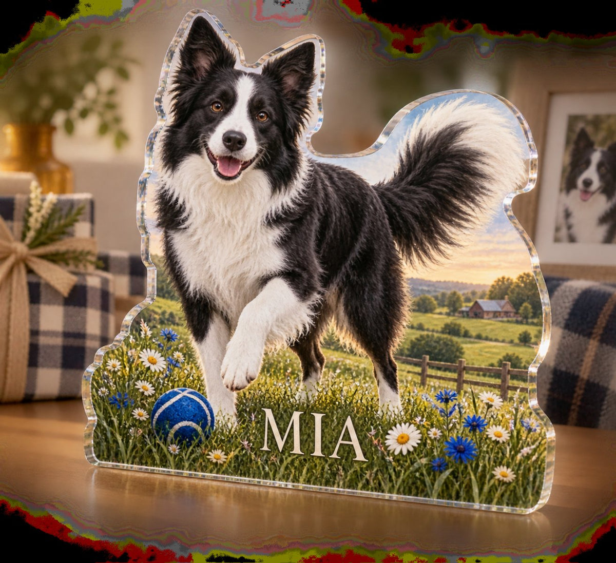 Personalized Border Collie Adoption Anniversary Gift custom shape acrylic plaque with an example name set into the artwork, digital preview