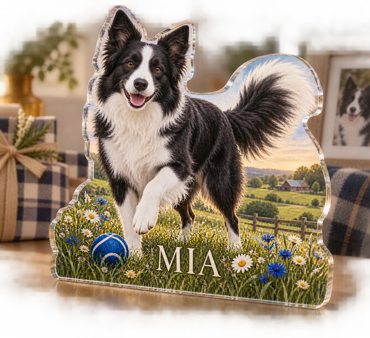 Artwork visualization: Border collie — adoption anniversary gift, personalized MIA, subject-shaped acrylic with printed optical 3D depth; not carved relief.