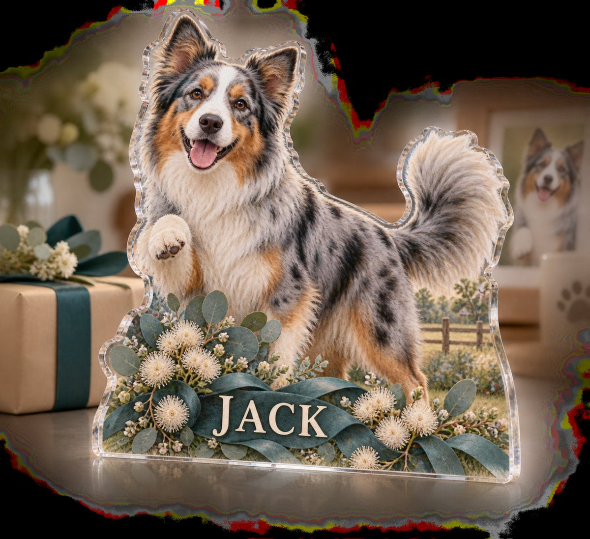 Personalized Australian Shepherd Adoption Anniversary Gift custom shape acrylic plaque with an example name set into the artwork, digital preview