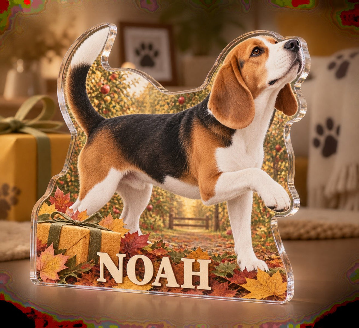 Personalized Beagle Adoption Anniversary Gift custom shape acrylic plaque with an example name set into the artwork, digital preview