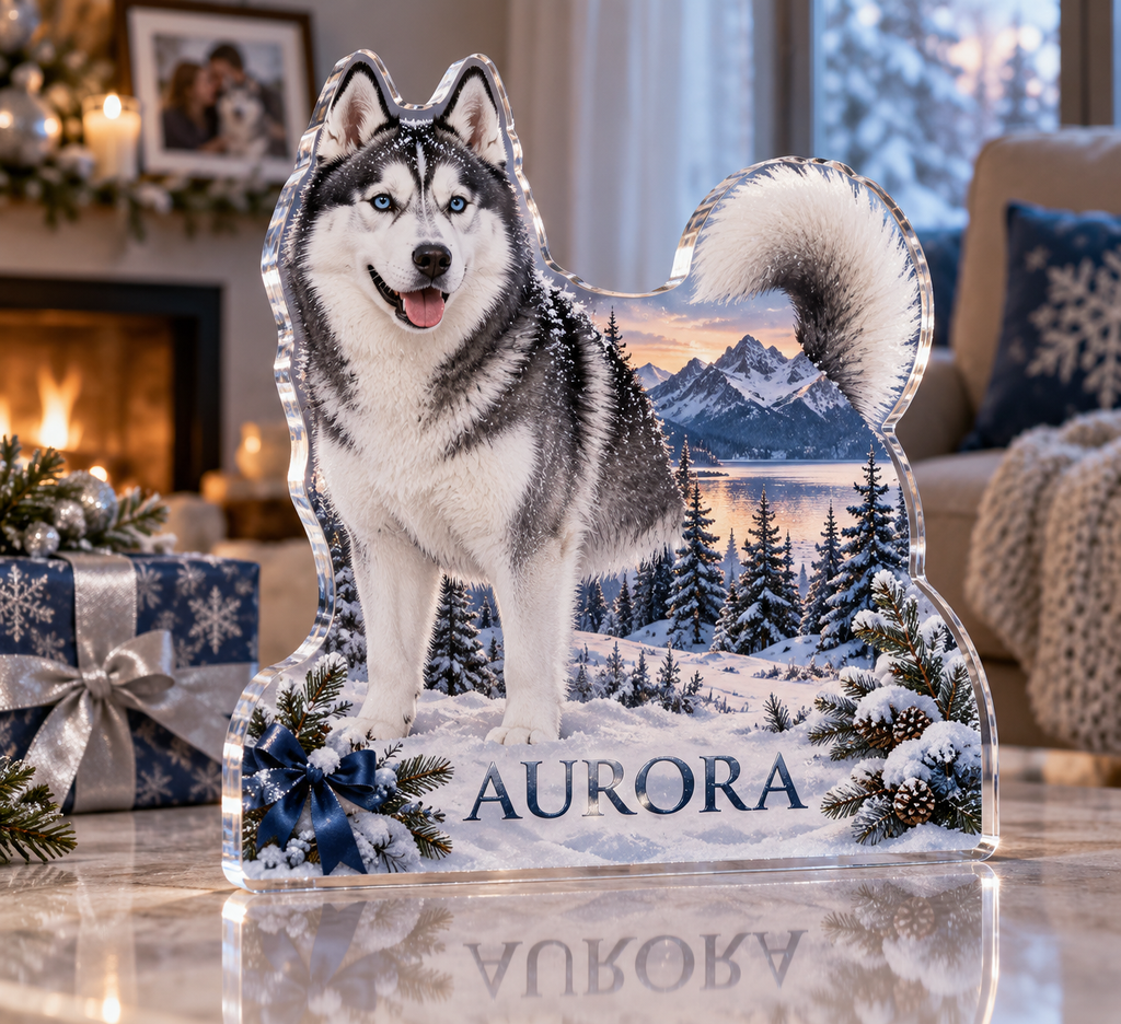 Artwork visualization: Husky — adoption anniversary gift, personalized AURORA, subject-shaped acrylic with printed optical 3D depth; not carved relief.