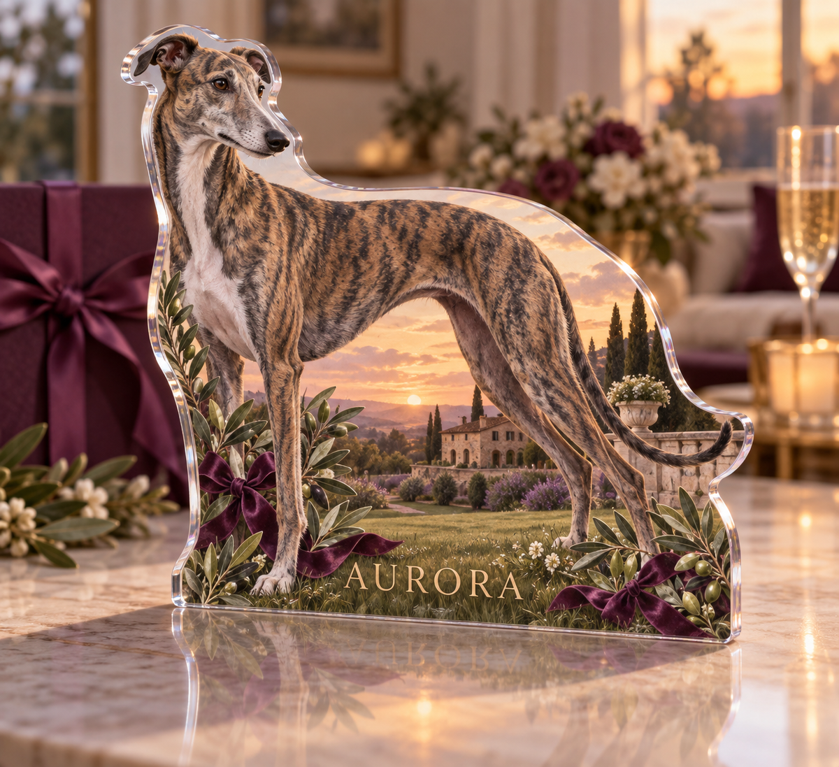 Artwork visualization: Greyhound — adoption anniversary gift, personalized AURORA, subject-shaped acrylic with printed optical 3D depth; not carved relief.
