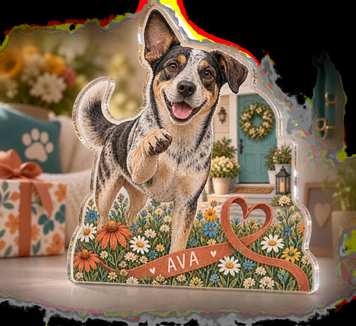 Personalized Rescue Mixed Breed Dog Adoption Anniversary Gift custom shape acrylic plaque with an example name set into the artwork, digital preview