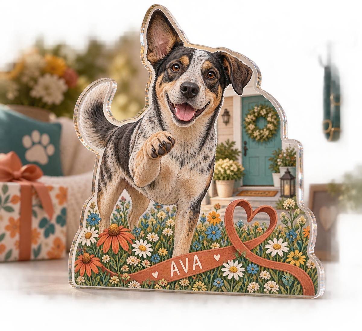 Artwork visualization: Rescue mixed breed dog — adoption anniversary gift, personalized AVA, subject-shaped acrylic with printed optical 3D depth; not carved relief.