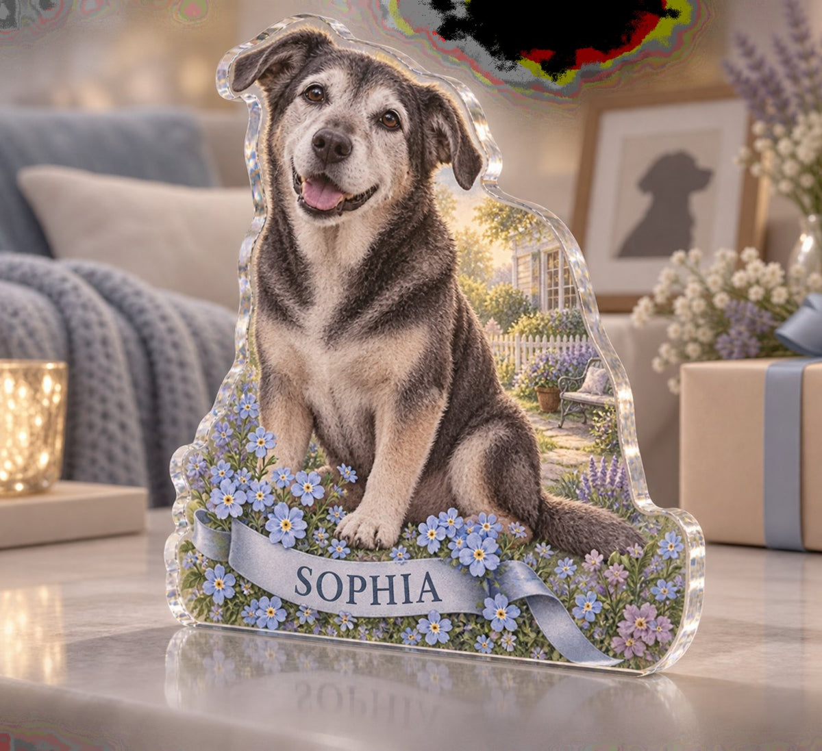Personalized Senior Dog Companion Adoption Anniversary Gift custom shape acrylic plaque with an example name set into the artwork, digital preview