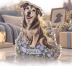 Artwork visualization: Senior dog companion — adoption anniversary gift, personalized SOPHIA, subject-shaped acrylic with printed optical 3D depth; not carved relief.