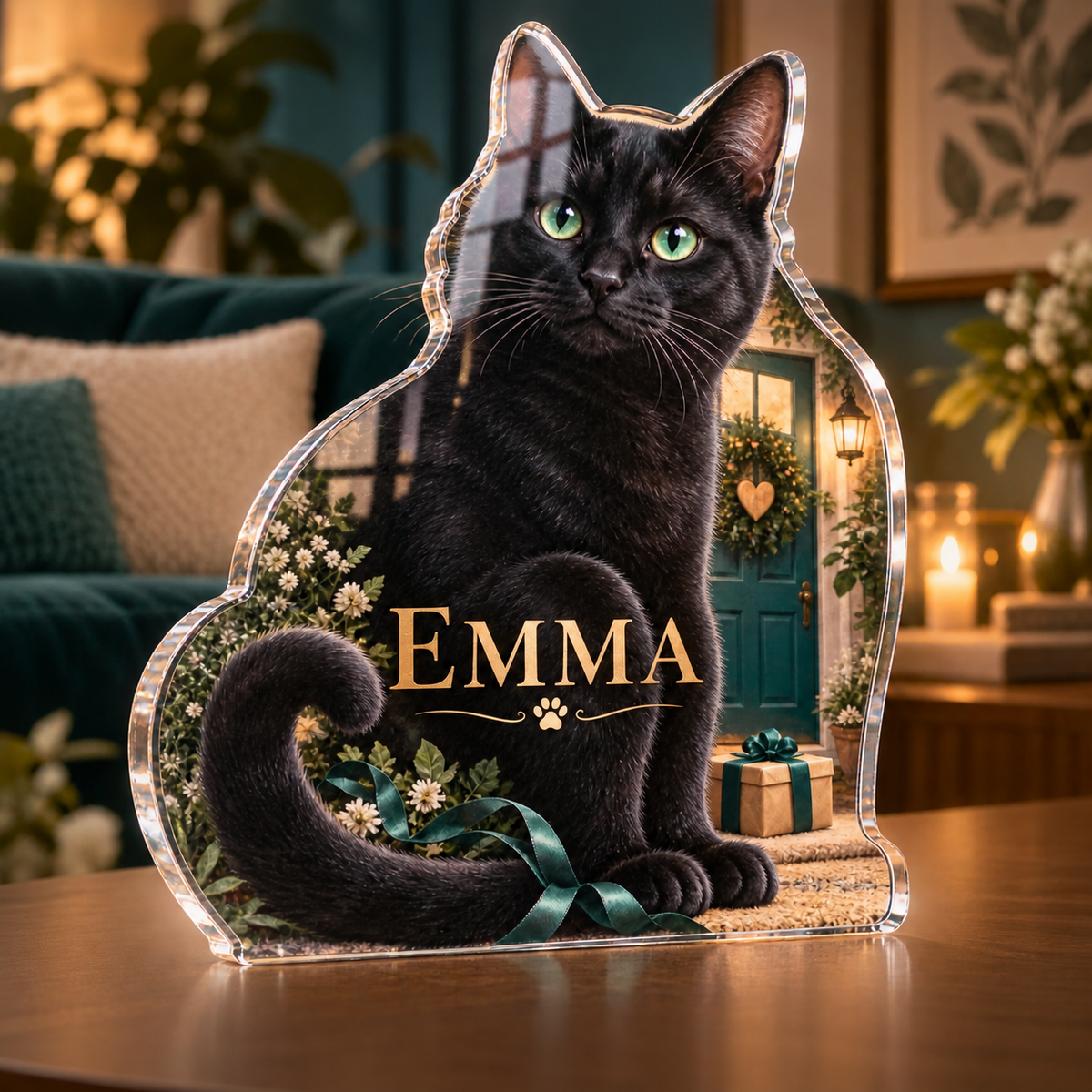 Artwork visualization: Black cat — adoption anniversary gift, personalized EMMA, subject-shaped acrylic with printed optical 3D depth; not carved relief.