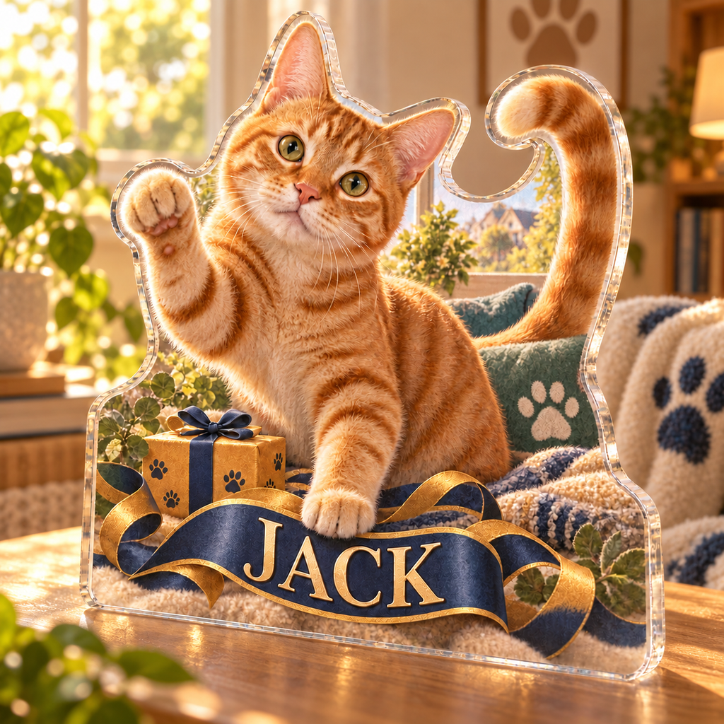 Artwork visualization: Orange tabby cat — adoption anniversary gift, personalized JACK, subject-shaped acrylic with printed optical 3D depth; not carved relief.
