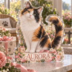 Artwork visualization: Calico cat — adoption anniversary gift, personalized AURORA, subject-shaped acrylic with printed optical 3D depth; not carved relief.