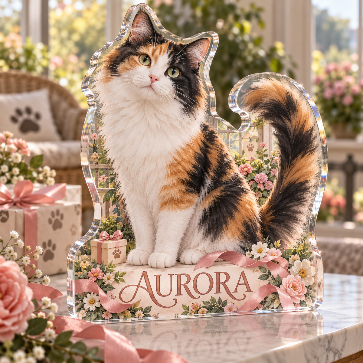 Artwork visualization: Calico cat — adoption anniversary gift, personalized AURORA, subject-shaped acrylic with printed optical 3D depth; not carved relief.