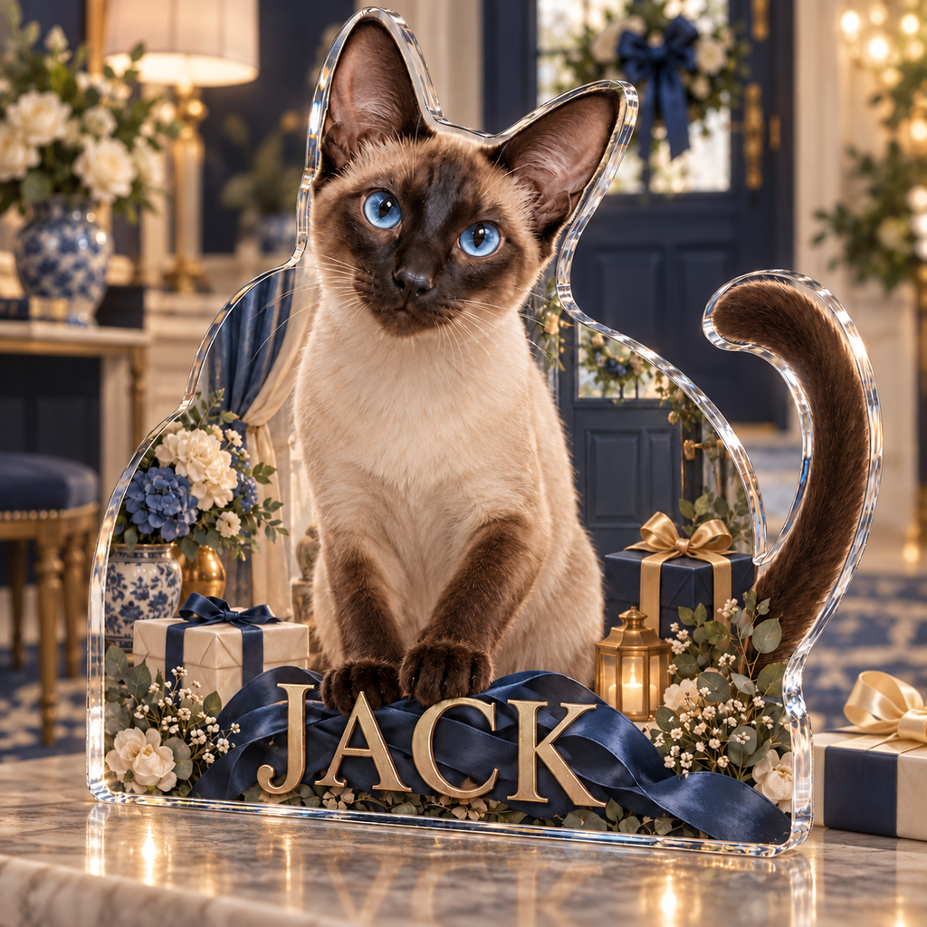 Artwork visualization: Siamese cat — adoption anniversary gift, personalized JACK, subject-shaped acrylic with printed optical 3D depth; not carved relief.