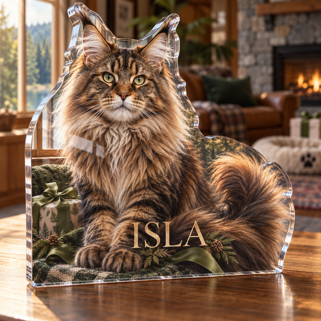 Artwork visualization: Maine coon cat — adoption anniversary gift, personalized ISLA, subject-shaped acrylic with printed optical 3D depth; not carved relief.