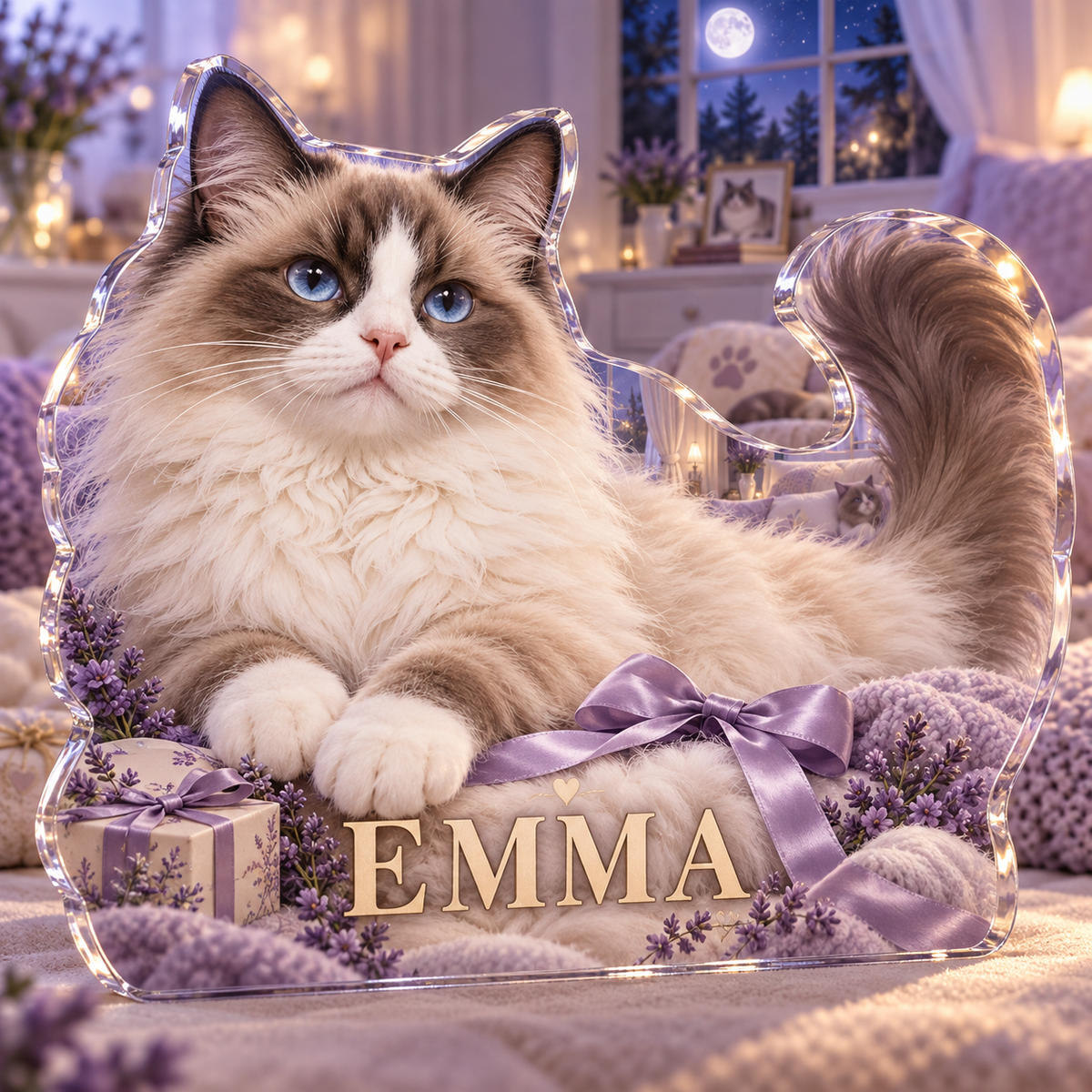 Artwork visualization: Ragdoll cat — adoption anniversary gift, personalized EMMA, subject-shaped acrylic with printed optical 3D depth; not carved relief.