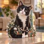 Artwork visualization: Rescue cat — adoption anniversary gift, personalized ISLA, subject-shaped acrylic with printed optical 3D depth; not carved relief.