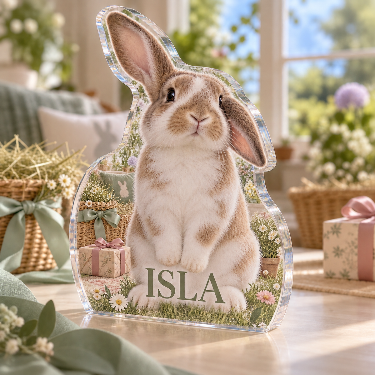 Artwork visualization: House rabbit — adoption anniversary gift, personalized ISLA, subject-shaped acrylic with printed optical 3D depth; not carved relief.