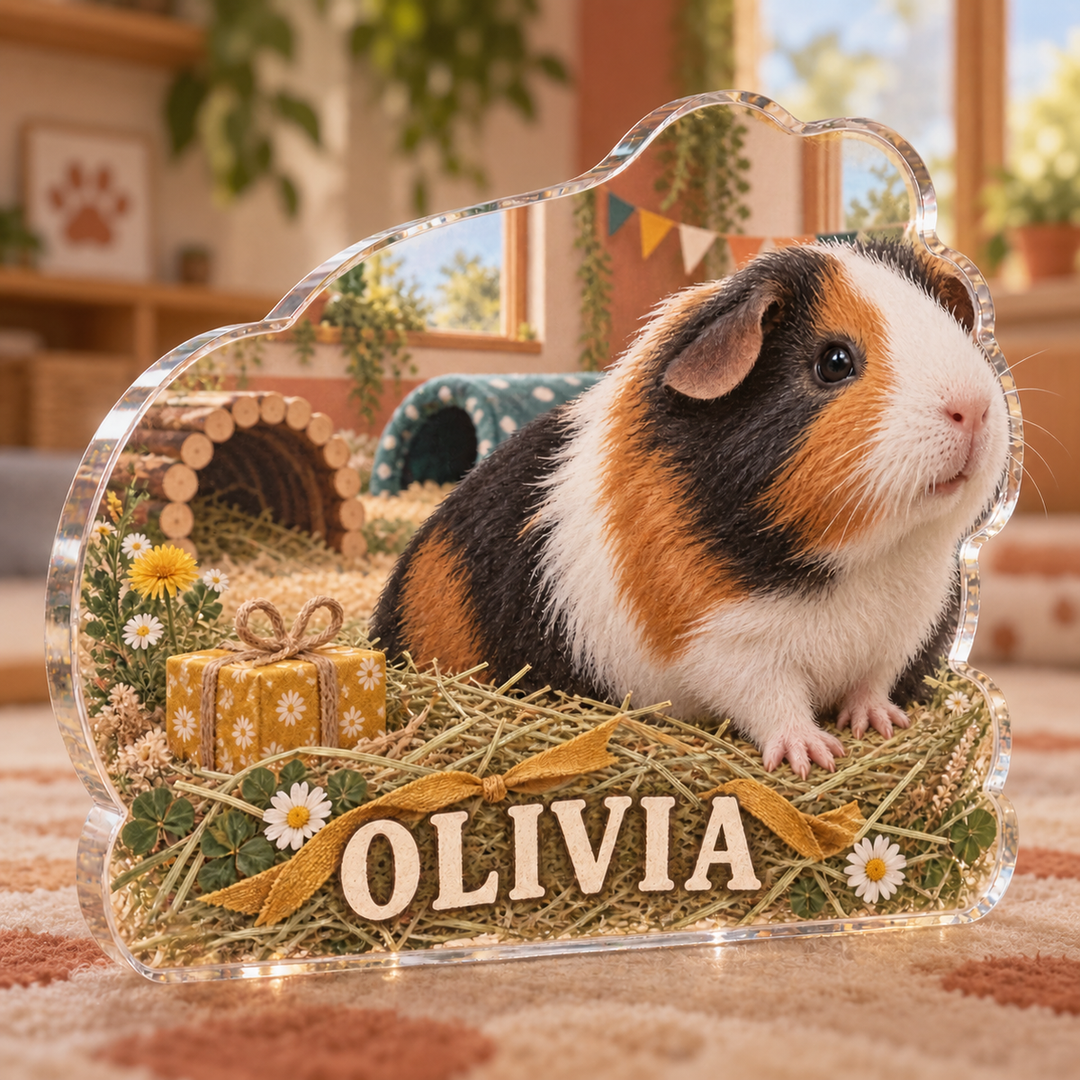 Artwork visualization: Guinea pig — adoption anniversary gift, personalized OLIVIA, subject-shaped acrylic with printed optical 3D depth; not carved relief.