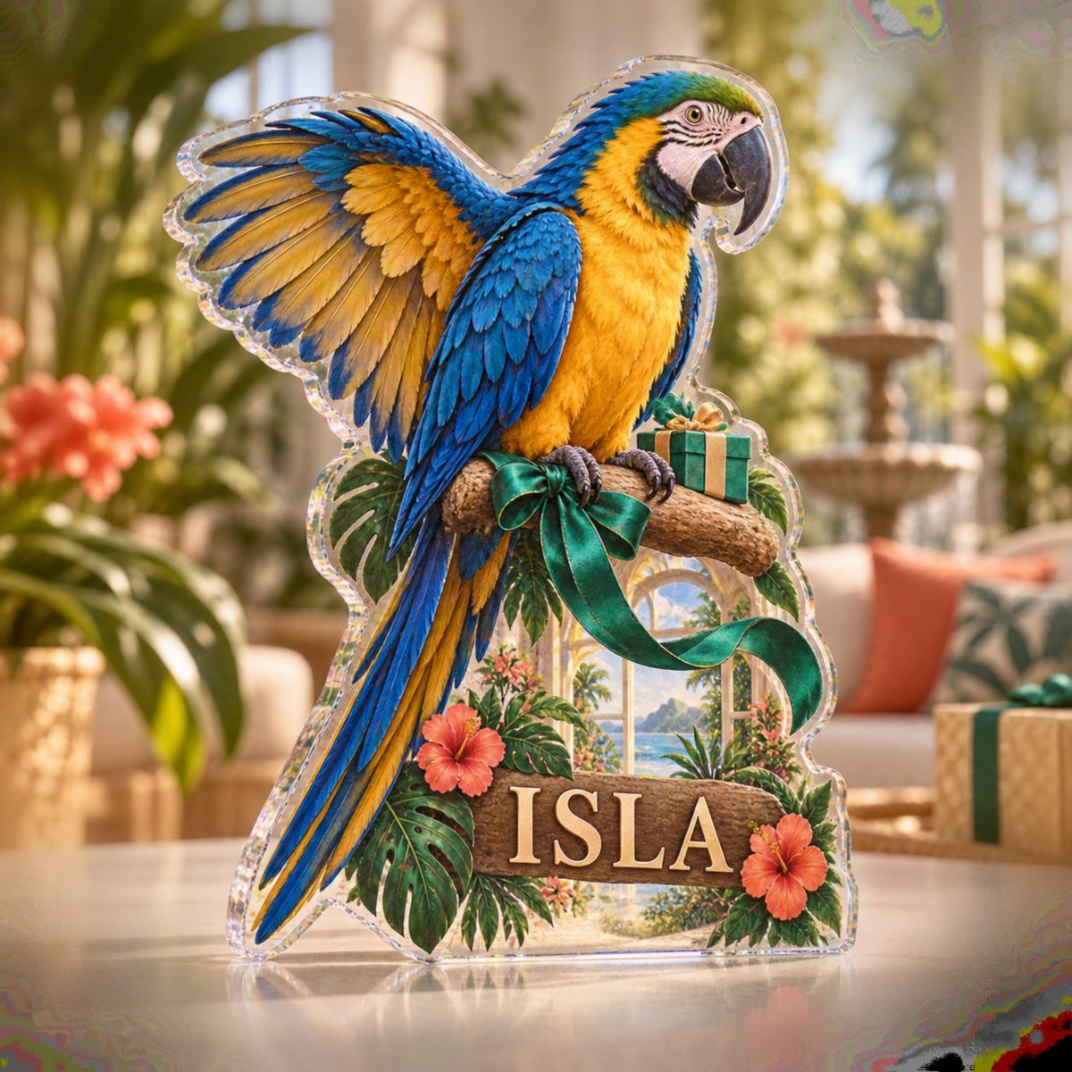 Personalized Parrot Companion Adoption Anniversary Gift custom shape acrylic plaque with an example name set into the artwork, digital preview