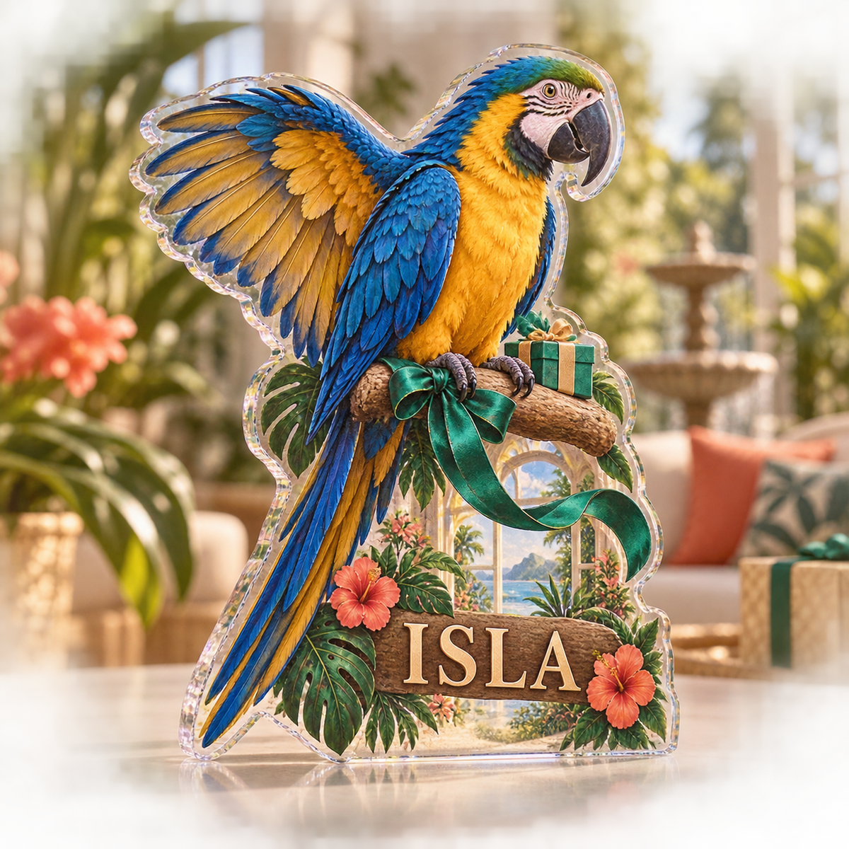 Artwork visualization: Parrot companion — adoption anniversary gift, personalized ISLA, subject-shaped acrylic with printed optical 3D depth; not carved relief.