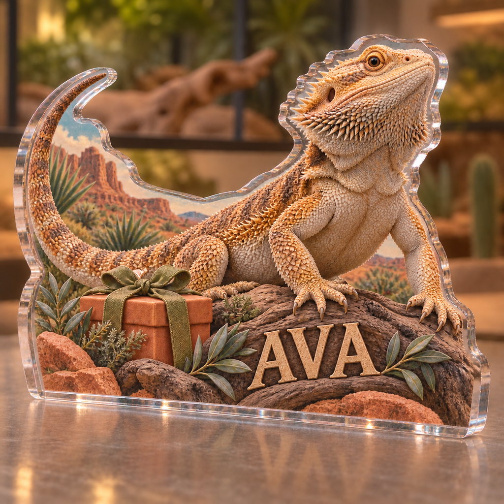 Artwork visualization: Bearded dragon — adoption anniversary gift, personalized AVA, subject-shaped acrylic with printed optical 3D depth; not carved relief.