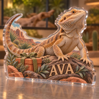 Artwork visualization: Bearded dragon — adoption anniversary gift, personalized AVA, subject-shaped acrylic with printed optical 3D depth; not carved relief.