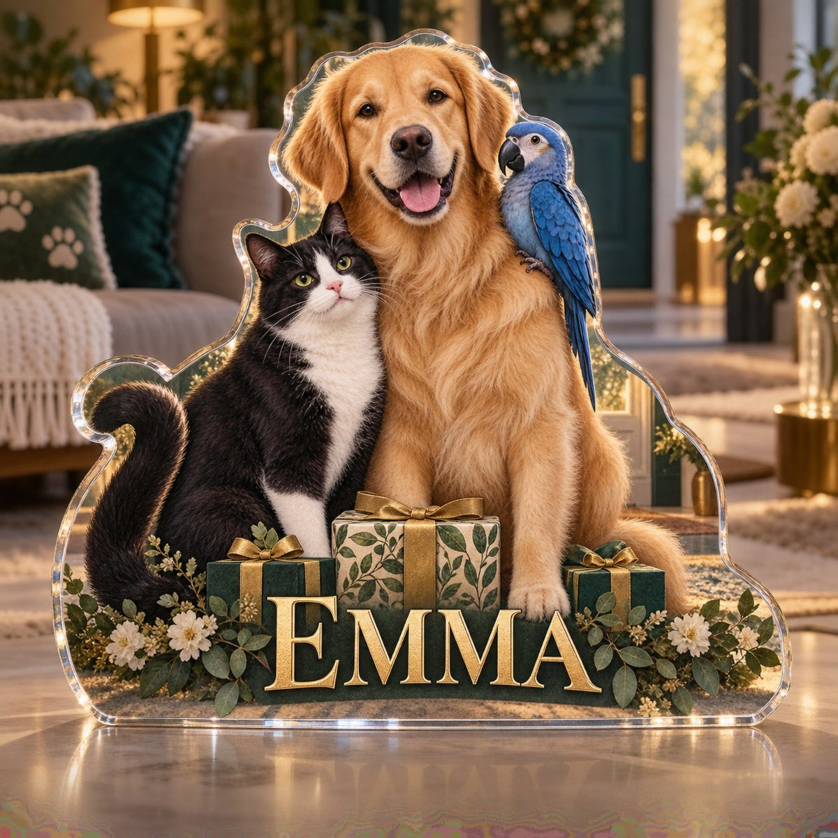 Personalized Multi Pet Household Adoption Anniversary Gift custom shape acrylic plaque with an example name set into the artwork, digital preview