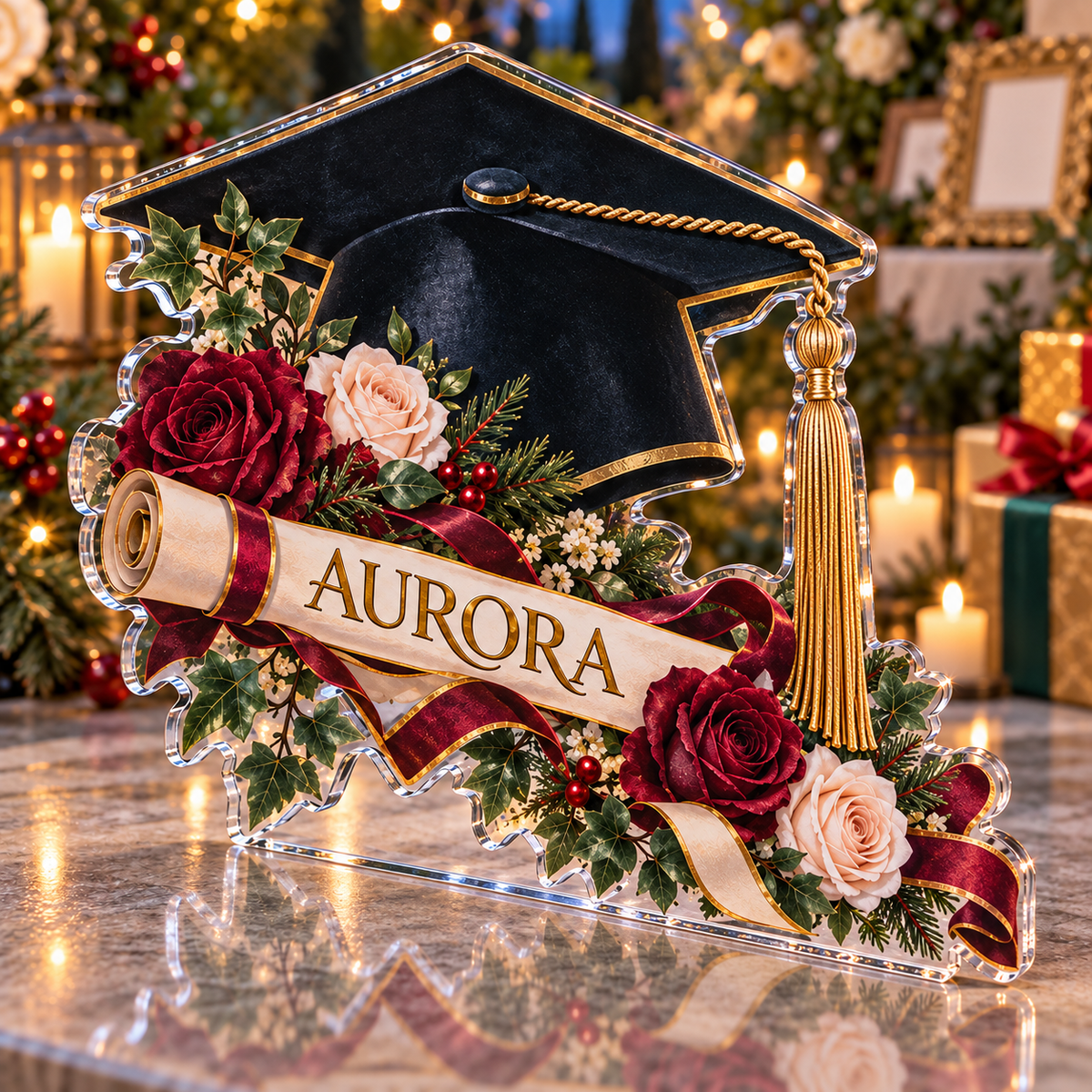 Artwork visualization: Graduation garden party — photo corner decoration, personalized AURORA, subject-shaped acrylic with printed optical 3D depth; not carved relief.