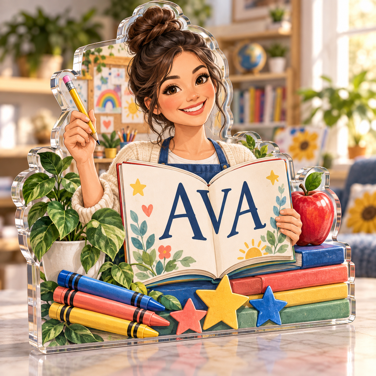 Artwork visualization: Elementary teacher — home studio decoration, personalized AVA, subject-shaped acrylic with printed optical 3D depth; not carved relief.