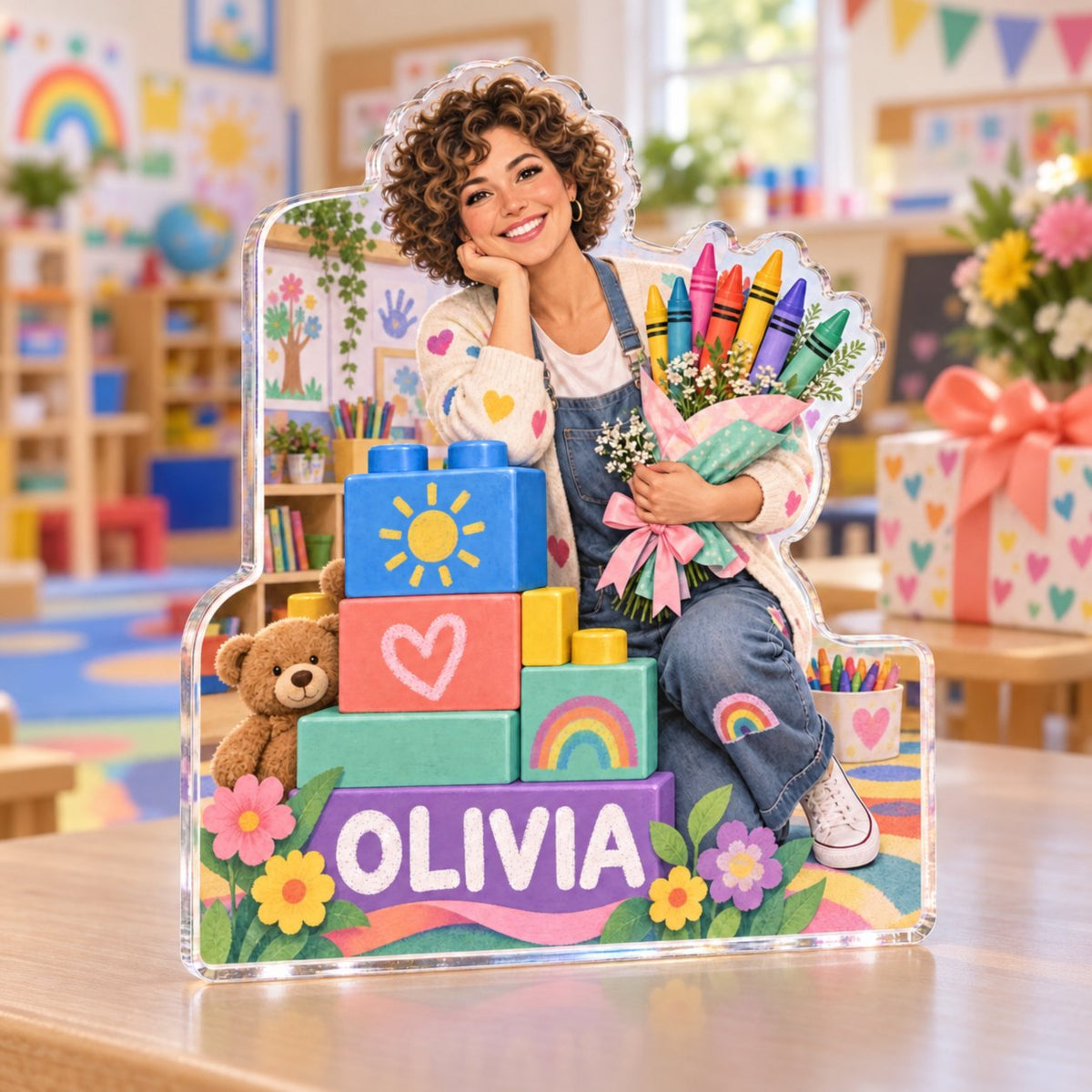 Personalized Kindergarten Teacher Retirement Keepsake custom shape acrylic plaque with an example name set into the artwork, digital preview