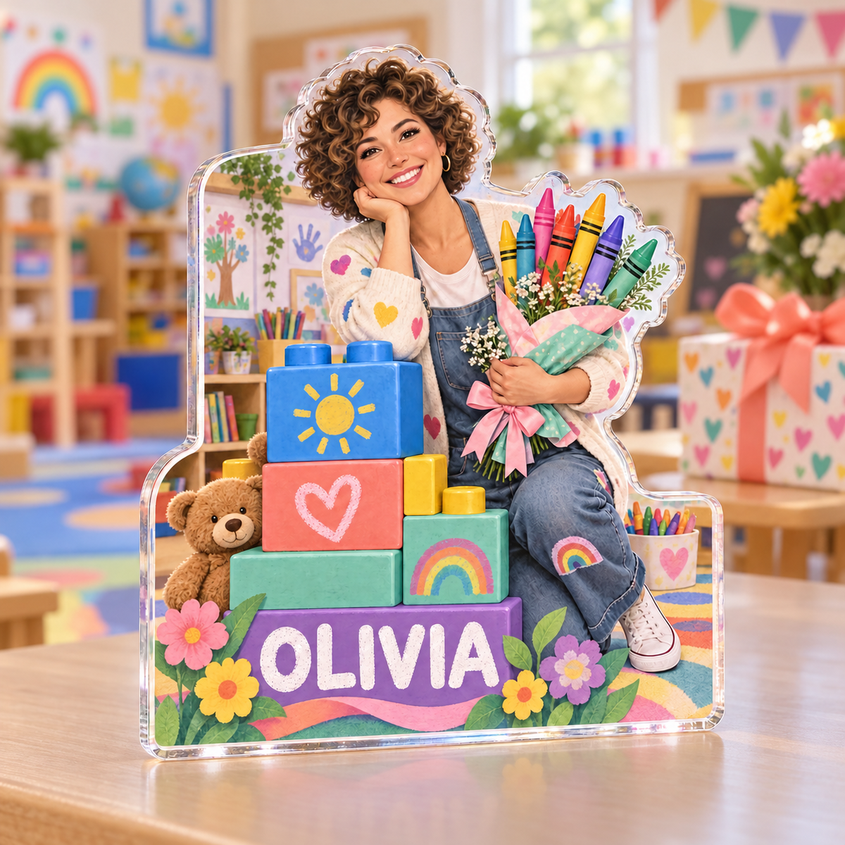 Artwork visualization: Kindergarten teacher — retirement keepsake, personalized OLIVIA, subject-shaped acrylic with printed optical 3D depth; not carved relief.
