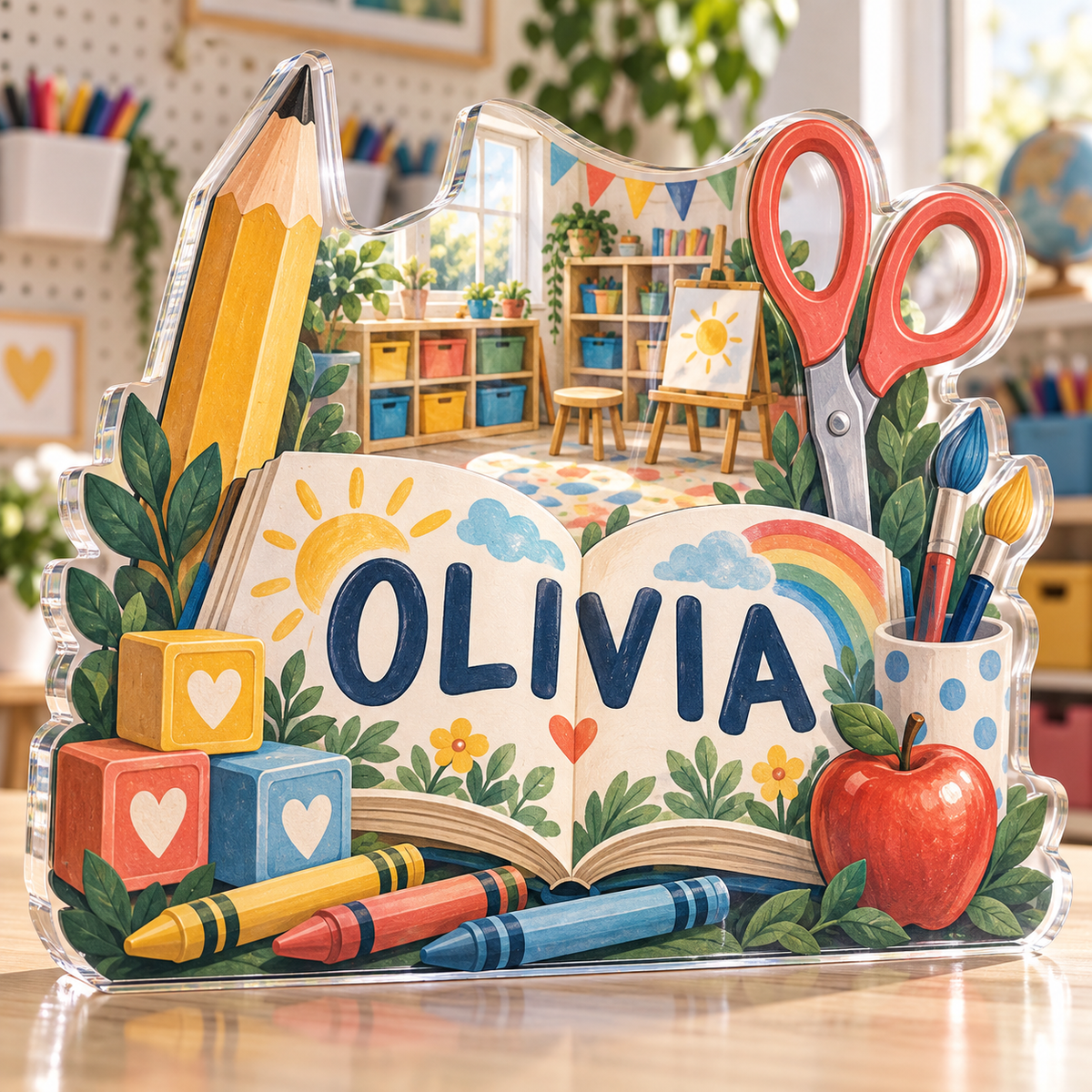 Artwork visualization: Kindergarten teacher — home studio decoration, personalized OLIVIA, subject-shaped acrylic with printed optical 3D depth; not carved relief.