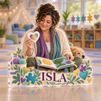 Artwork visualization: Special education teacher — retirement keepsake, personalized ISLA, subject-shaped acrylic with printed optical 3D depth; not carved relief.