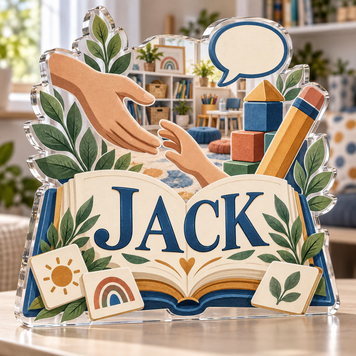 Artwork visualization: Special education teacher — home studio decoration, personalized JACK, subject-shaped acrylic with printed optical 3D depth; not carved relief.